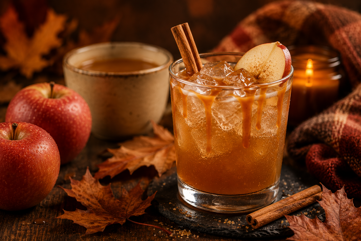 Fall Sips caramel apple cider with cinnamon apples and autumn leaves