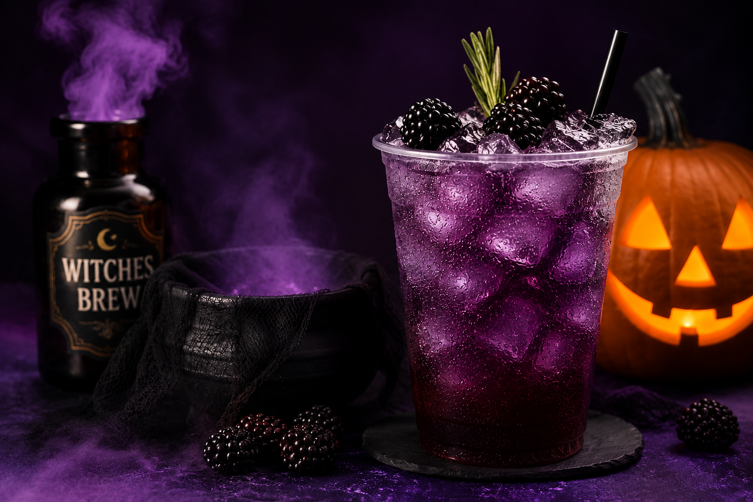 Halloween Favorites purple blackberry witches brew drink with jack-o-lantern