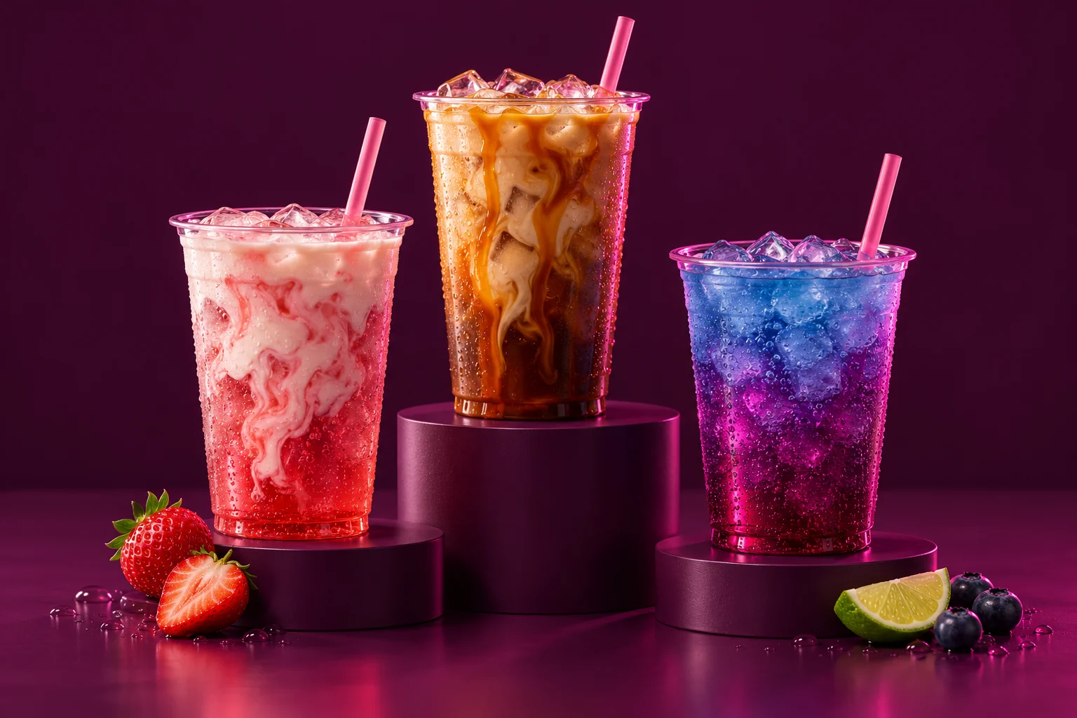 Pink creamy soda, iced coffee and a blue-purple drink from Adrien’s Picks