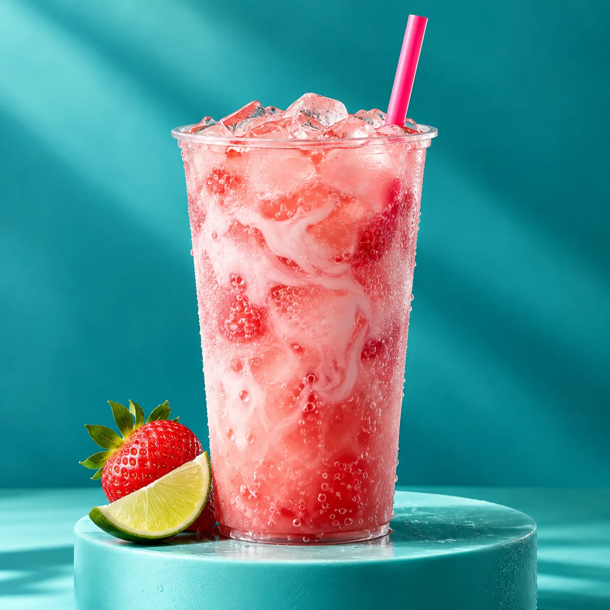 Pink creamy dirty soda with strawberry and lime on a clean aqua pedestal